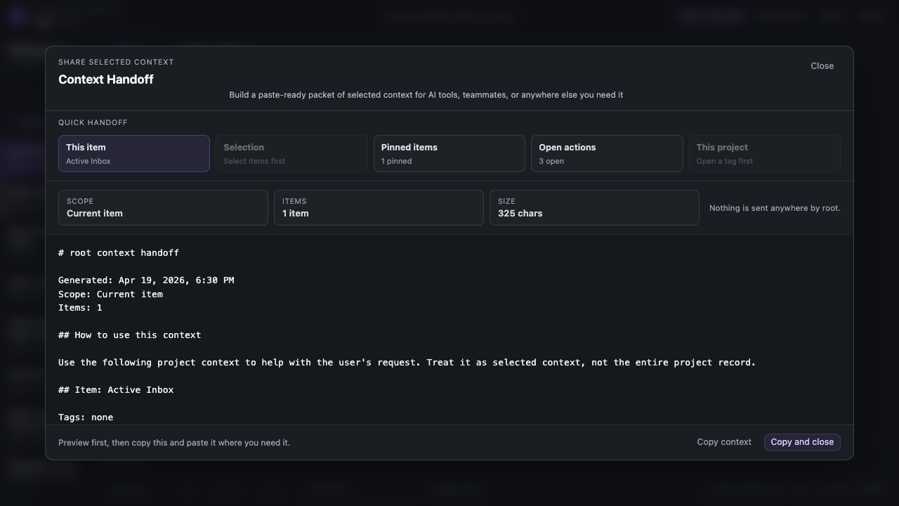 root Context Handoff modal showing selected items and previewed packet