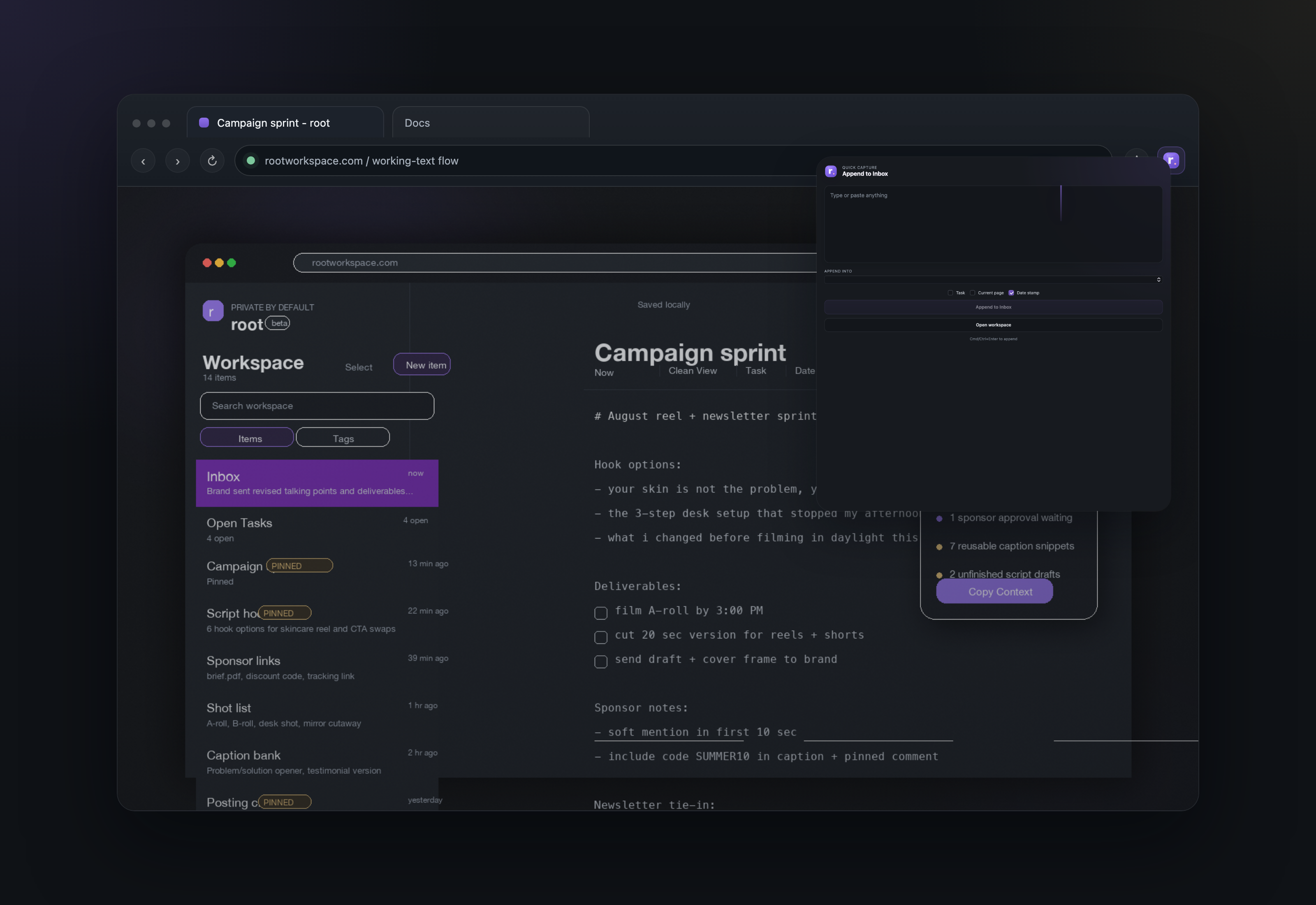 root Quick Capture popup opening from the browser toolbar above the workspace