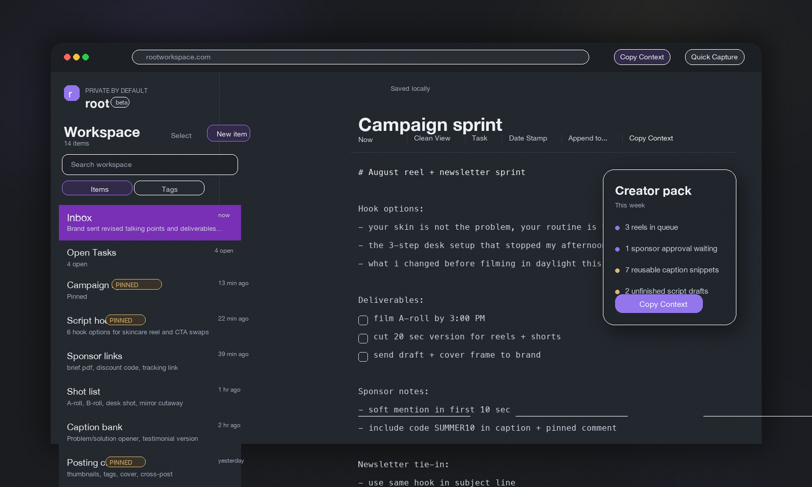 root workspace showing Inbox at the top of the sidebar with active notes below it